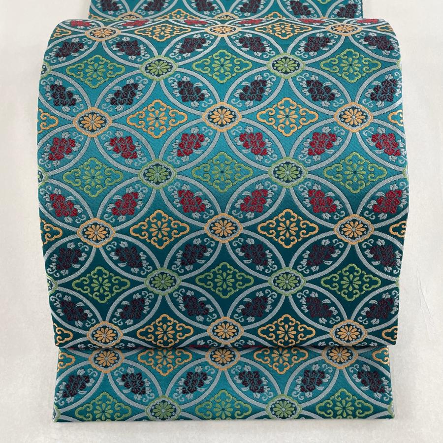 袋帯 美品 名品 やまと 七宝 花唐草 青緑 全通 正絹 中古 : リユース  