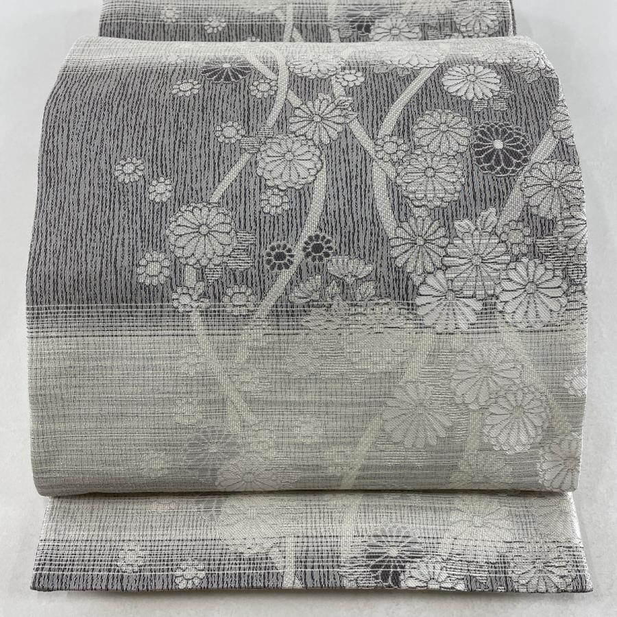 ブランド登録なし 袋帯 美品 名品 段縞 菊 灰白 六通 正絹 中古 