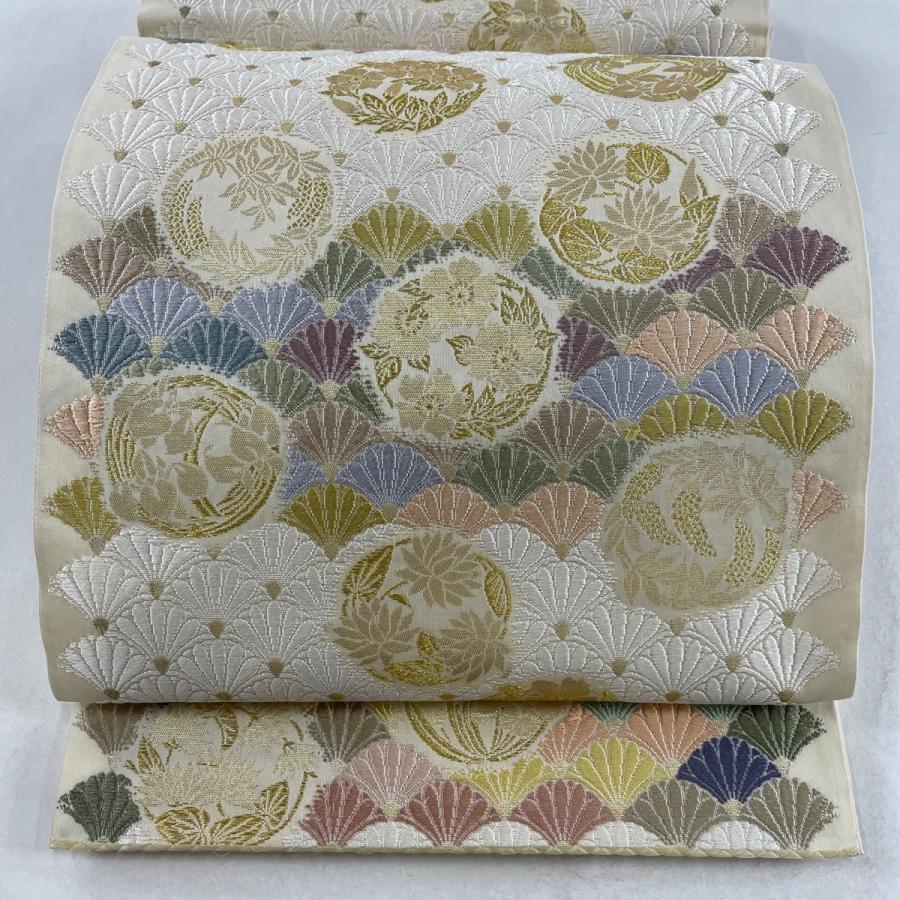 袋帯 美品 名品 花丸文 菊青海波 金糸 箔 ベージュ 六通 正絹 中古 