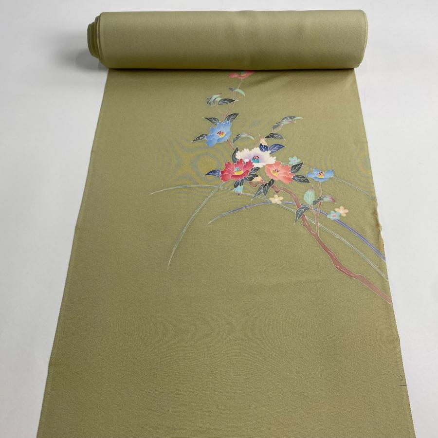 反物 逸品 付下げ 加賀友禅 草花 垣文 浜ちりめん 灰緑 正絹 中古 