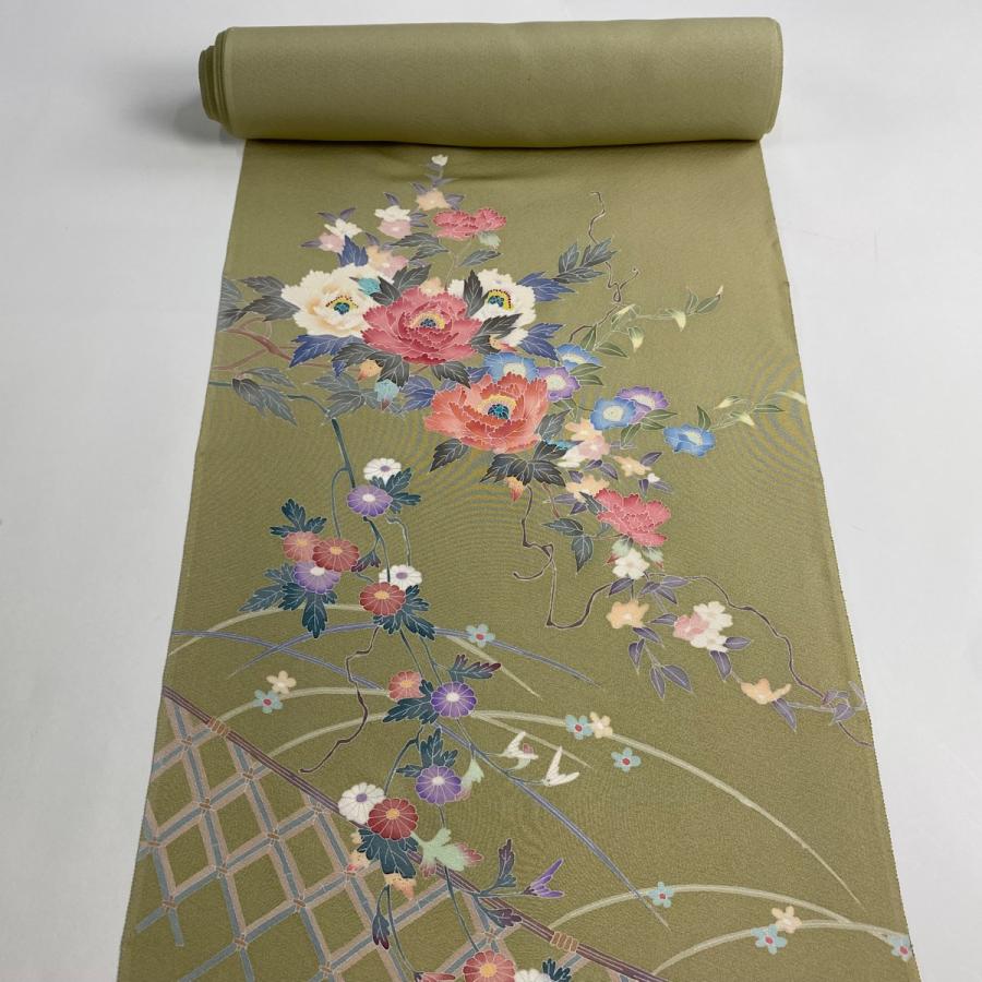 反物 逸品 付下げ 加賀友禅 草花 垣文 浜ちりめん 灰緑 正絹 中古  