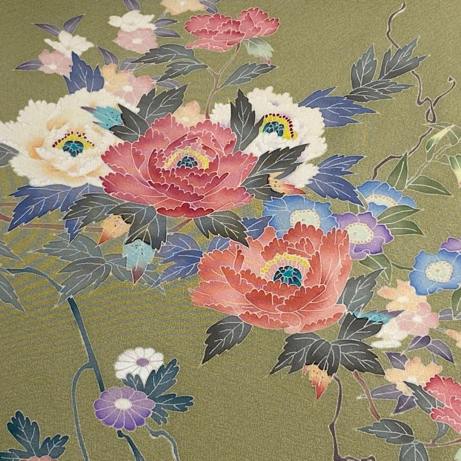 反物 逸品 付下げ 加賀友禅 草花 垣文 浜ちりめん 灰緑 正絹 中古  