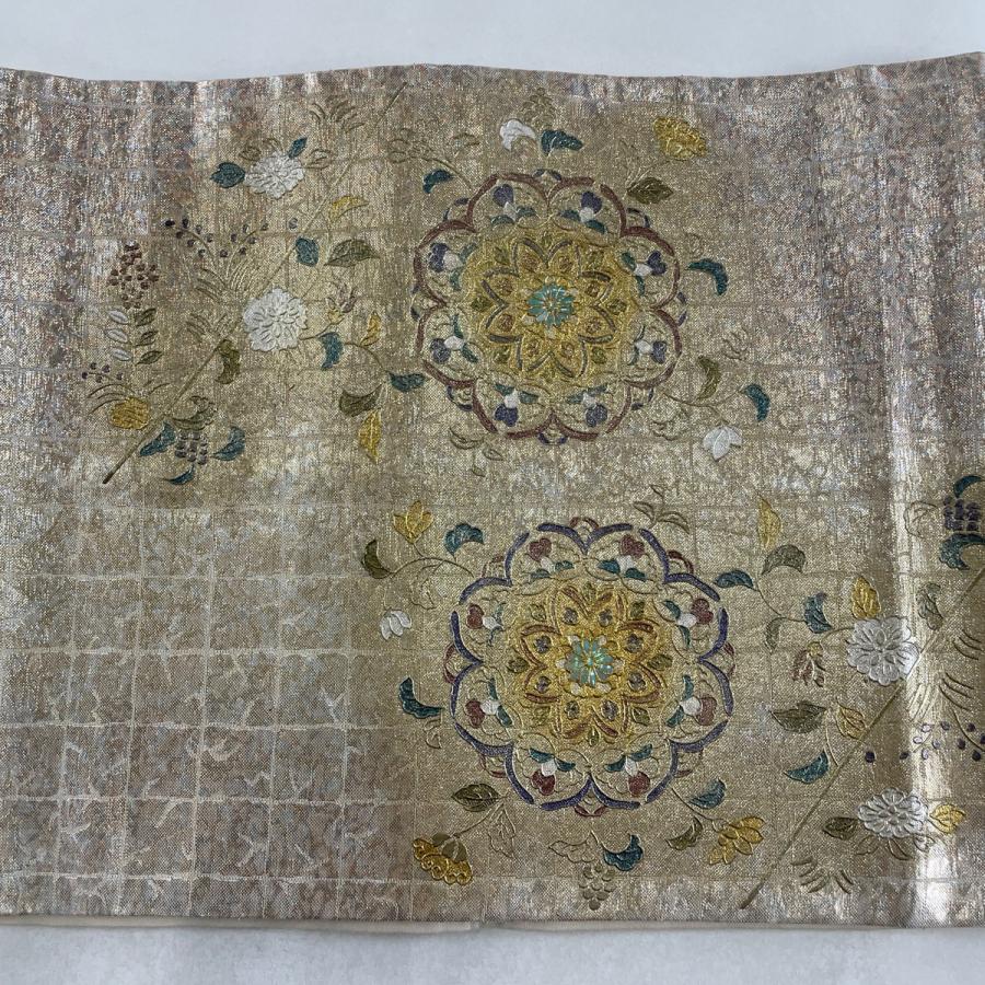 袋帯 名品 華文 花唐草 螺鈿 金彩 金色 お太鼓柄 正絹 中古