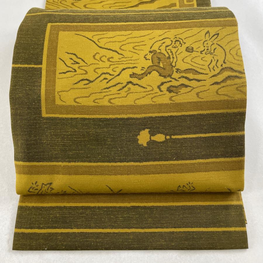 開き名古屋帯 美品 名品 鳥獣戯画 山吹茶色 正絹 中古 : リユース  