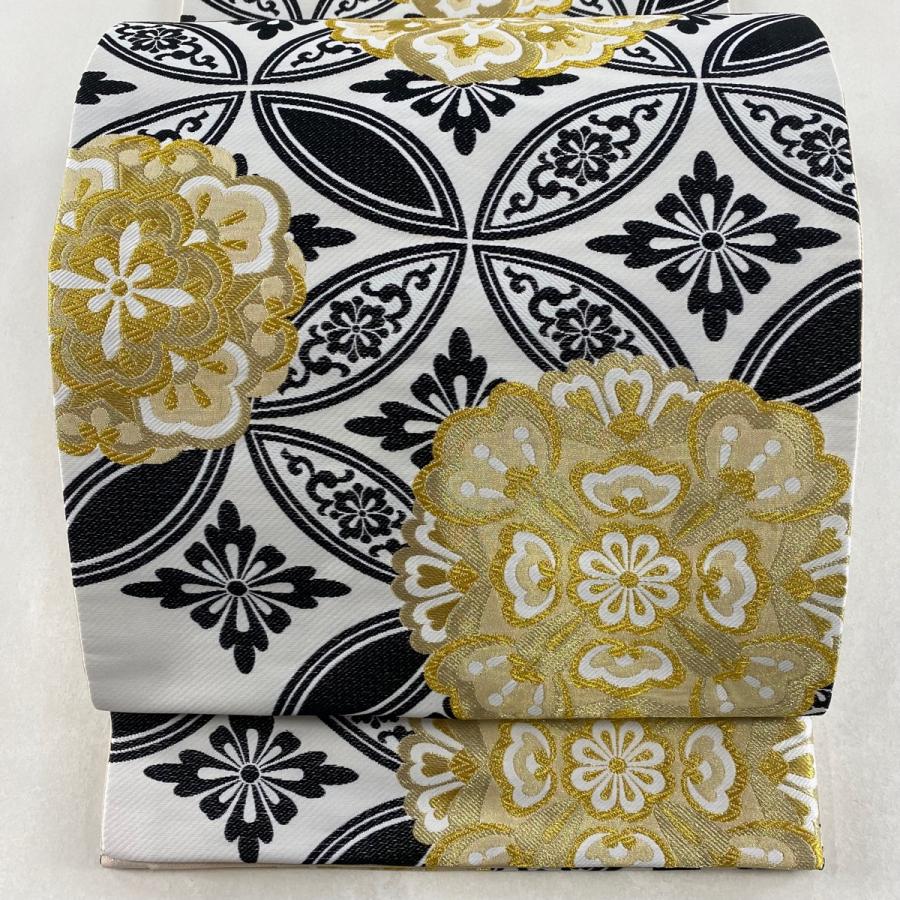 袋帯 名品 振袖向け 華文 七宝 金銀糸 白 全通 正絹 中古 : リユース  