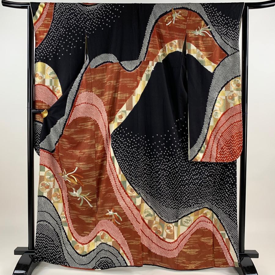 振袖 身丈167cm 裄丈65cm M 袷 尾長鳥 丸文 刺繍 絞り 黒 正絹 名品  