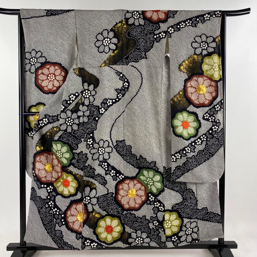 振袖 身丈158cm 裄丈65cm M 袷 菊 草花 刺繍 総絞り 黒 正絹 名品 中古  