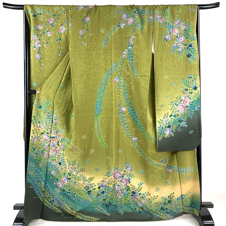 振袖 身丈167.5cm 裄丈69cm L 袷 やまと 辻が花 金彩 染め分け 抹茶色  