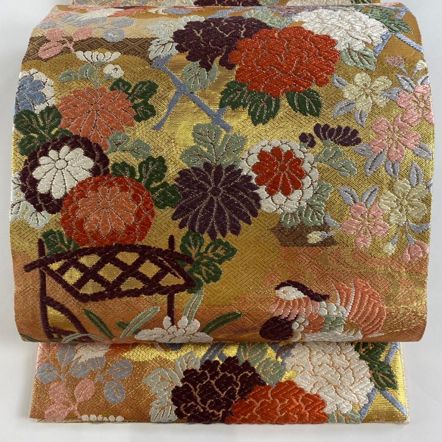袋帯 美品 秀品 秋草 鴛鴦 唐織 箔 金色 六通 正絹 中古  