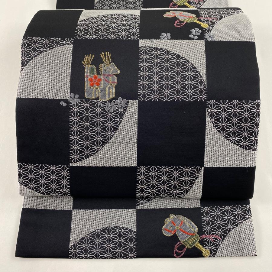 開き名古屋帯 名品 玩具 麻の葉 金糸 黒 正絹 中古 : リユースセレクト  