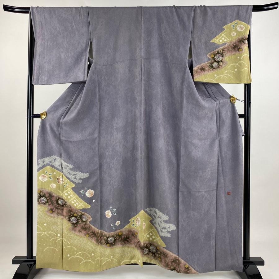 訪問着 身丈163cm 裄丈68cm L 袷 落款あり 草花 芝 絞り 灰色 正絹  