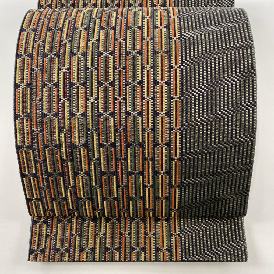 袋帯 美品 名品 証紙あり 幾何学 博多織 灰緑 全通 正絹 中古  