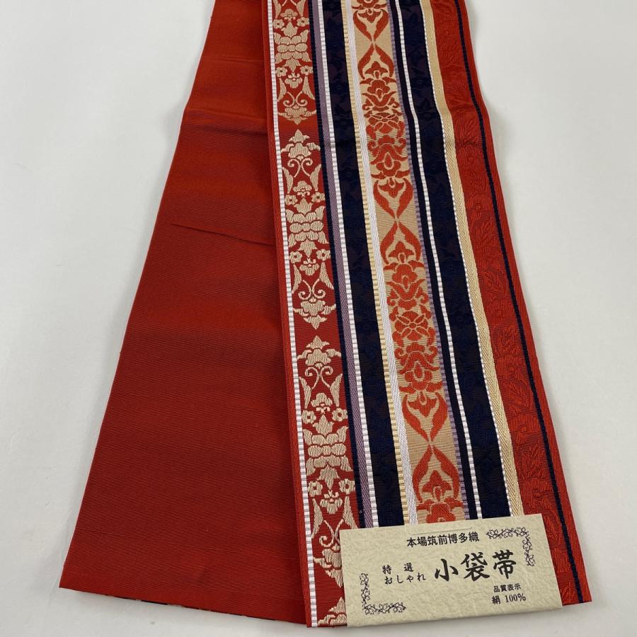 半幅帯 美品 秀品 博多織 証紙 縞 草花 赤 正絹 中古 : リユース  