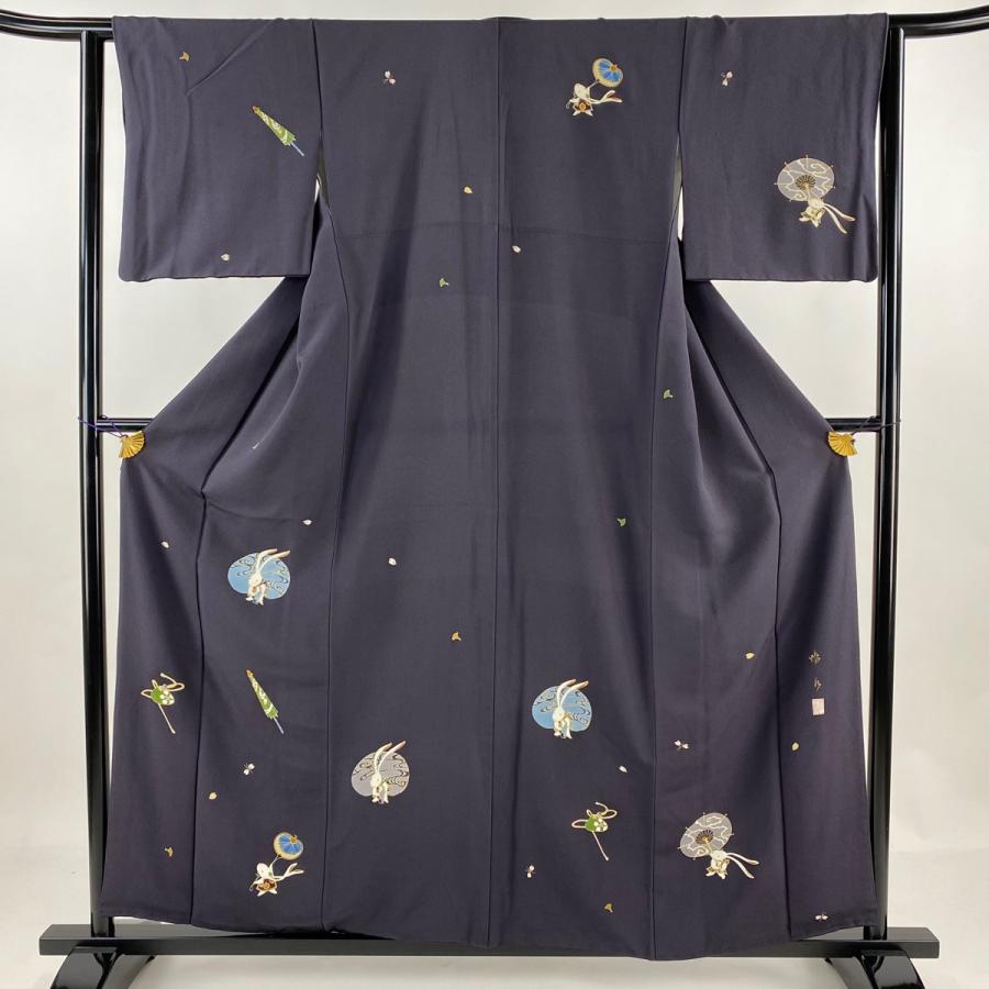 付下げ 身丈158cm 裄丈62.5cm S 袷 落款あり うさぎ 番傘 金彩 濃紫  