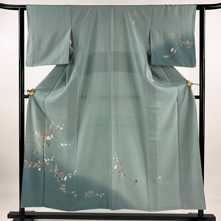付下げ 身丈154.5cm 裄丈61cm S 袷 枝花 ぼかし 青灰色 正絹 付下げ 身丈154.5cm 裄丈61cm S 袷 枝花 ぼかし 青灰色 正絹