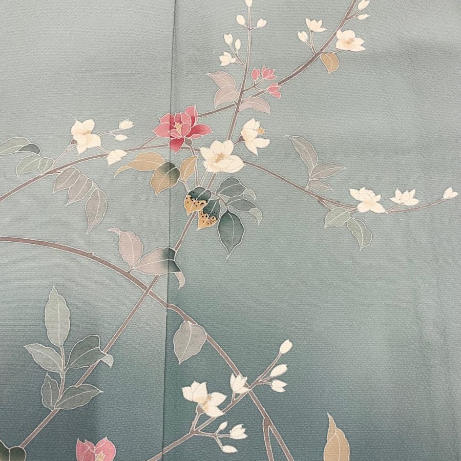 付下げ 身丈154.5cm 裄丈61cm S 袷 枝花 ぼかし 青灰色 正絹 名品 中古  