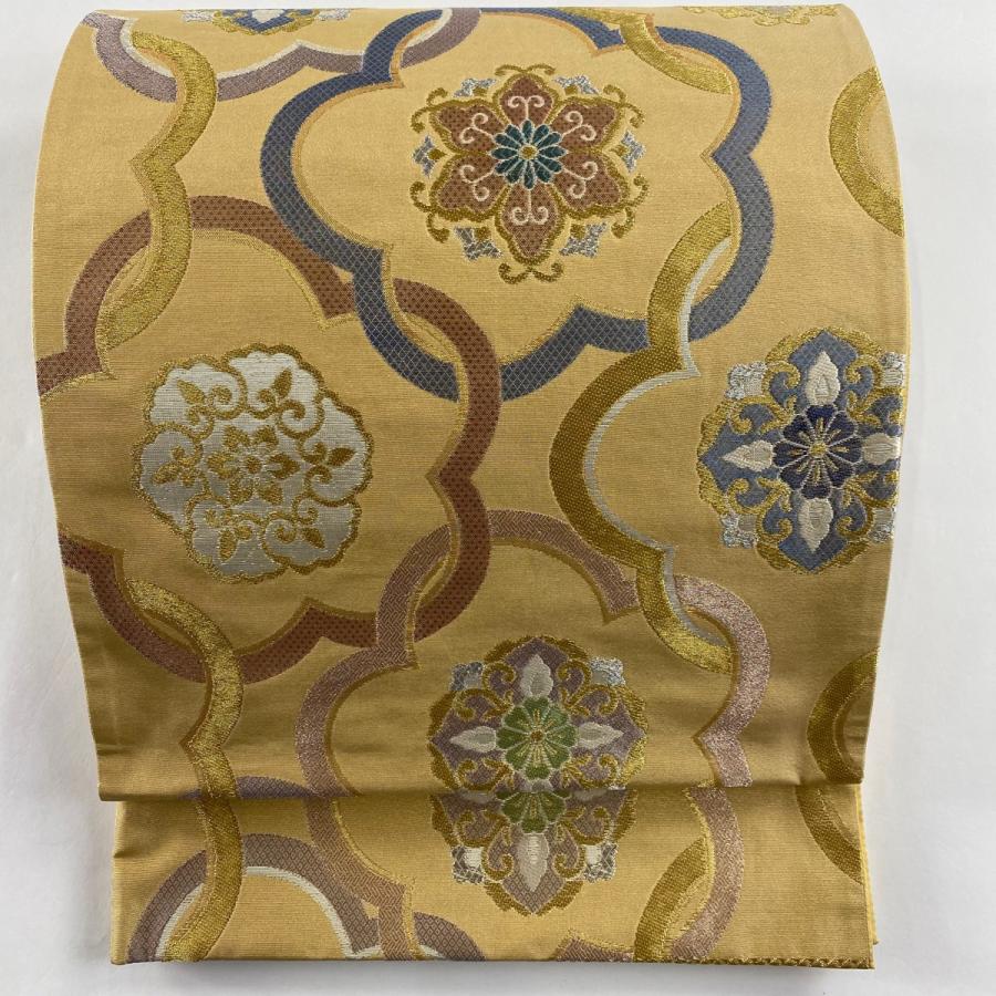 袋帯 美品 逸品 松竹梅 宝尽くし 金糸 刺繍 ベージュ 六通 正絹 中古 
