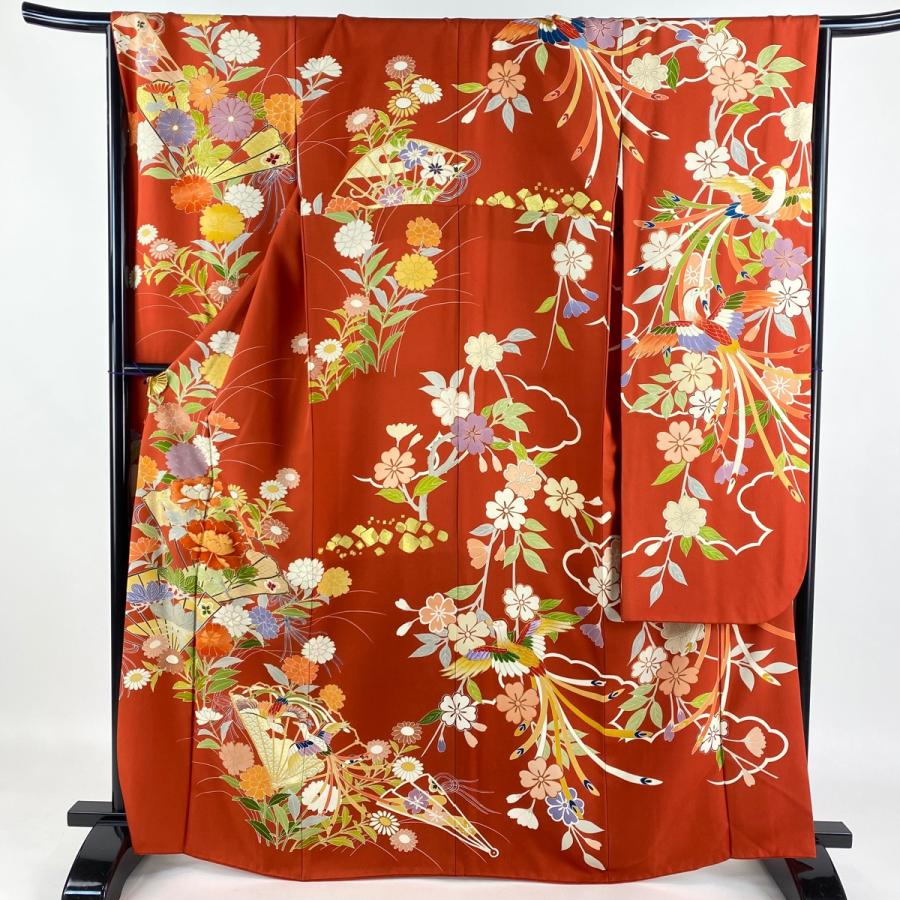 振袖 身丈165.5cm 裄丈68cm L 袷 千總 落款あり 扇 草花 刺繍 金彩  