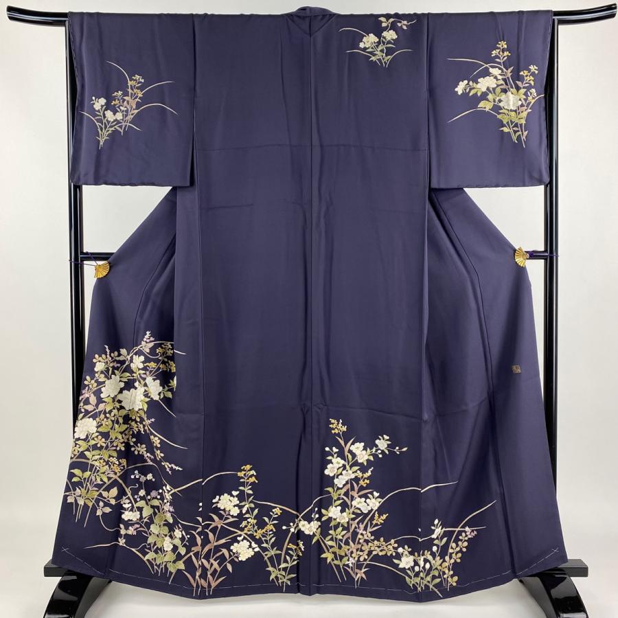 訪問着 身丈163cm 裄丈66.5cm M 袷 千總 落款あり 草花 金彩 刺繍 濃紫  