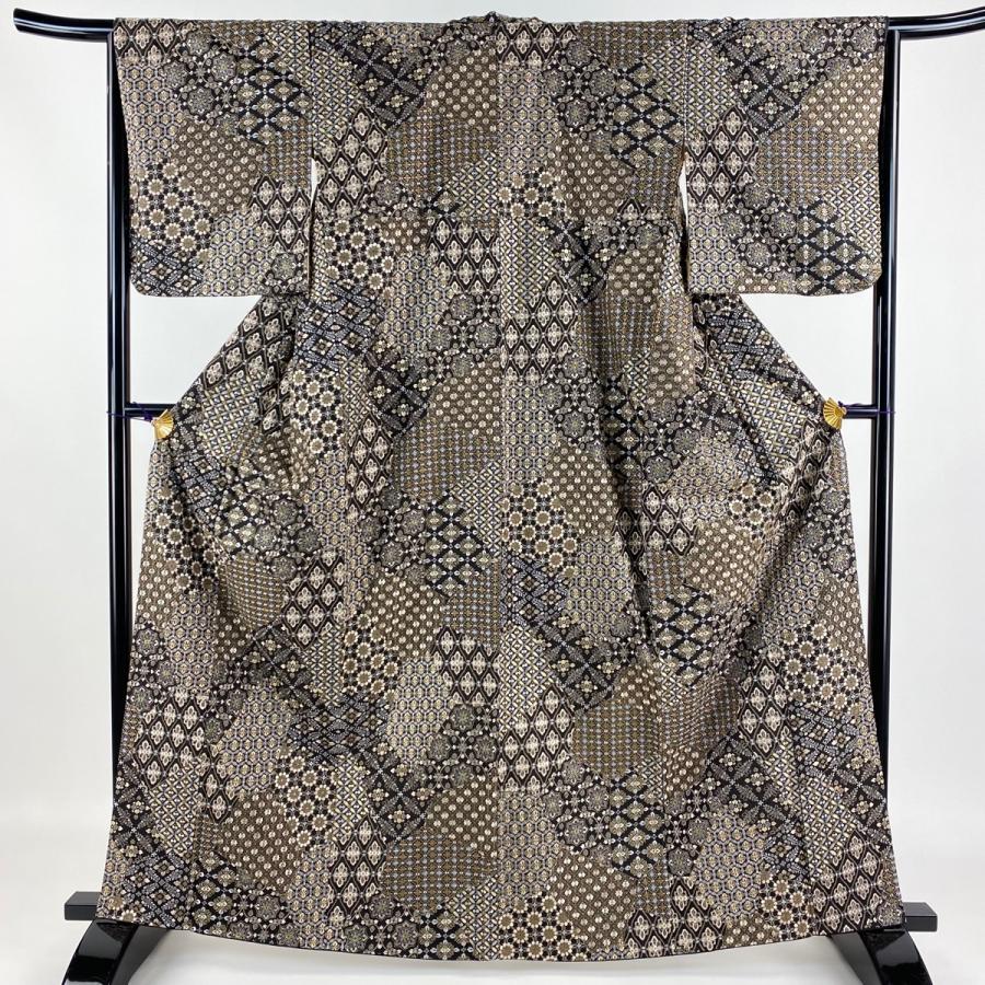 小紋 身丈163.5cm 裄丈66cm M 袷 花 花菱 総刺繍 焦茶色 正絹 美品  