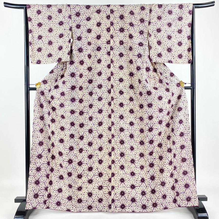 小紋 身丈167cm 裄丈66cm M 袷 紫根染め 紬地 麻の葉 絞り 紫 正絹  