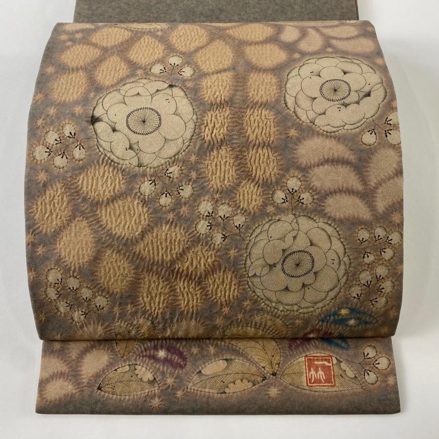 袋帯 逸品 初代 久保田一竹 落款あり 辻が花 金通し 灰茶 お太鼓 袋帯 逸品 初代 久保田一竹 落款あり 辻が花 金通し 灰茶 お太鼓