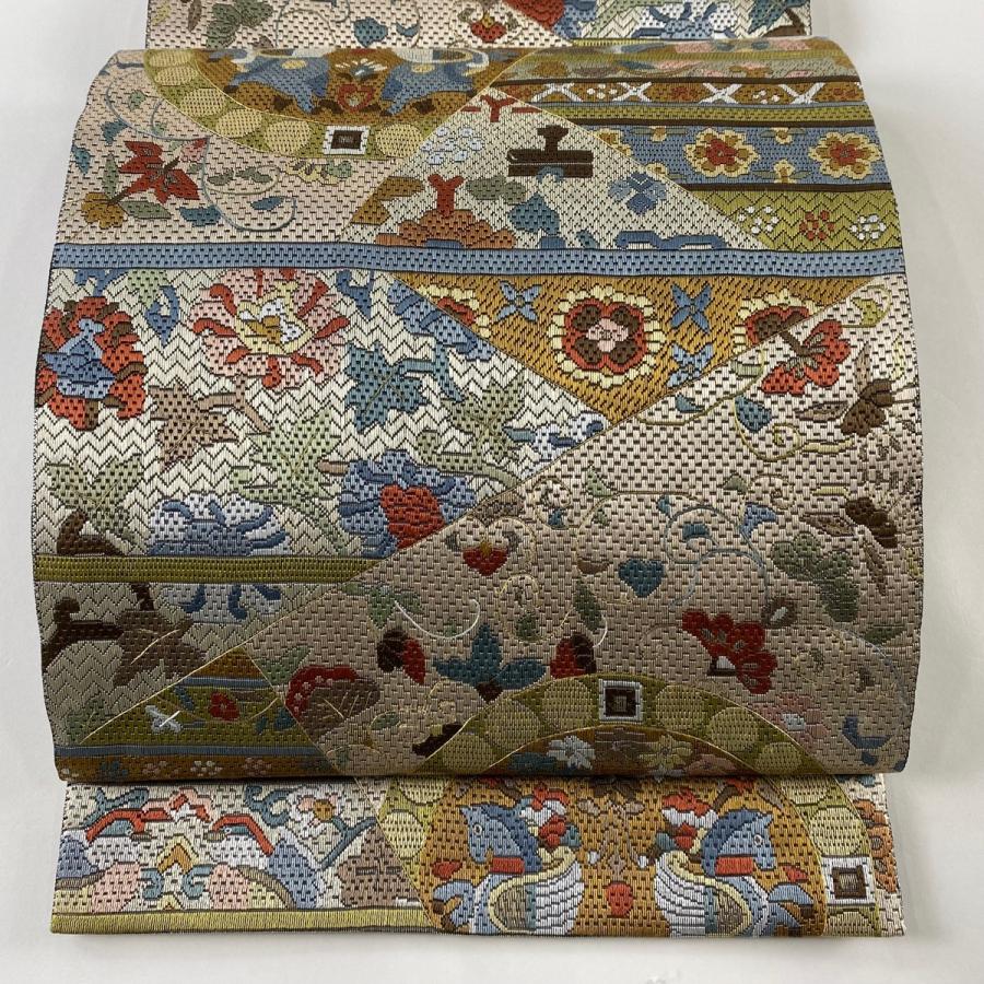 袋帯 美品 逸品 鳥 草花 絽刺し 金糸 緑 全通 正絹 中古 : リユース  