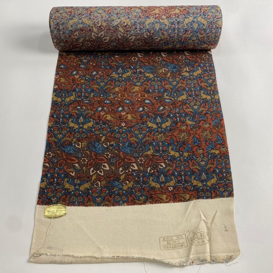 反物 秀品 小紋 動物 花鳥 縮緬 赤茶 正絹 中古 : リユースセレクト