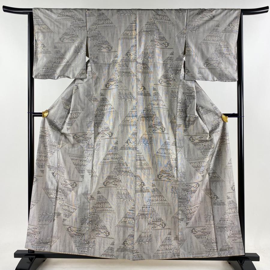 大島紬 身丈159.5cm 裄丈64.5cm M 袷 都喜ヱ門 証紙あり 幾何学 灰色  