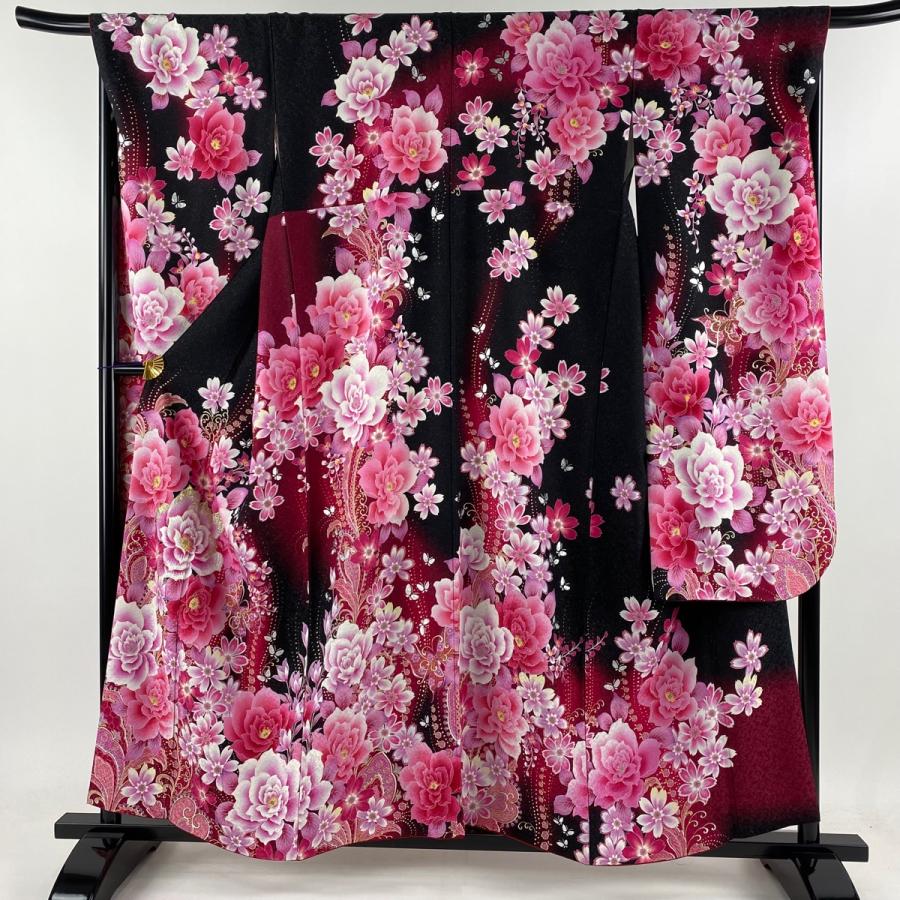 振袖 身丈155cm 裄丈68cm L 袷 草花 蝶 銀通し 刺繍 黒 正絹 美品 逸品  