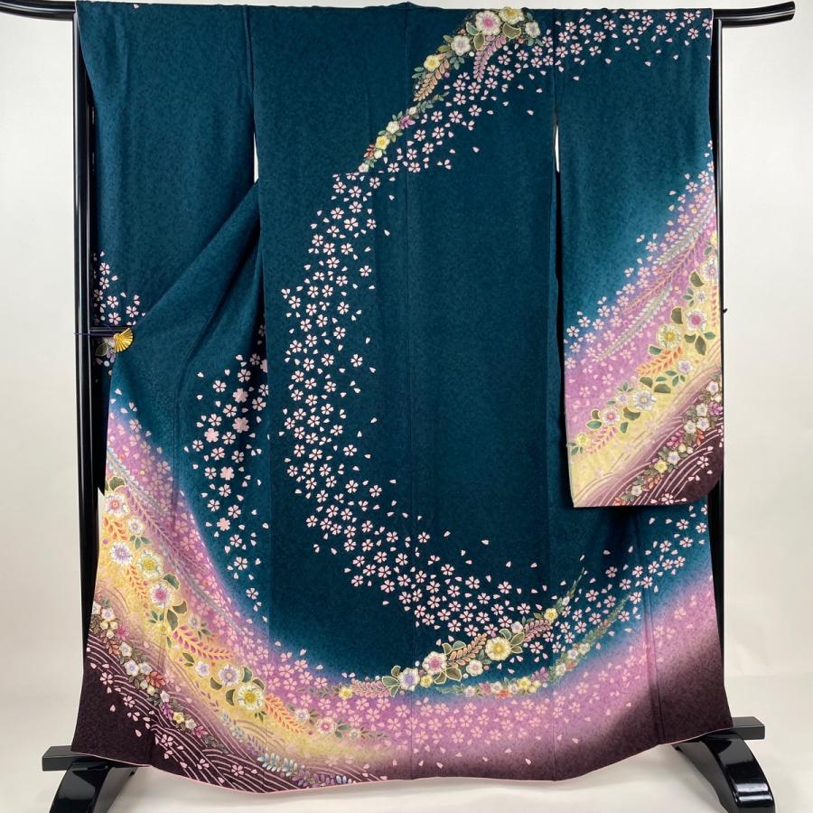 振袖 身丈162.5cm 裄丈65cm M 袷 やまと 草花 波 銀通し 金彩 深緑  