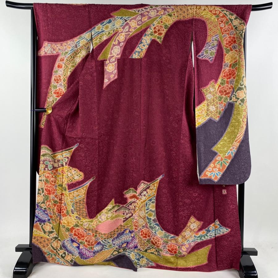 振袖 身丈168cm 裄丈67cm M 袷 菅有鬼一 落款あり 几帳 草花 金通しい  