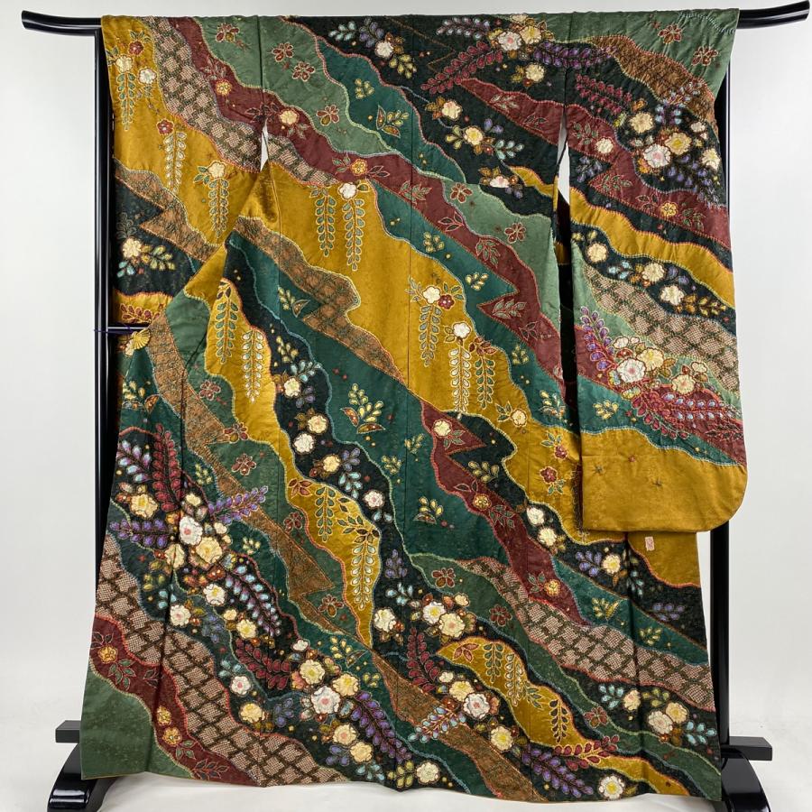振袖 身丈166cm 裄丈67cm M 袷 翠山工房 落款あり 辻ヶ花 金通し 深緑  