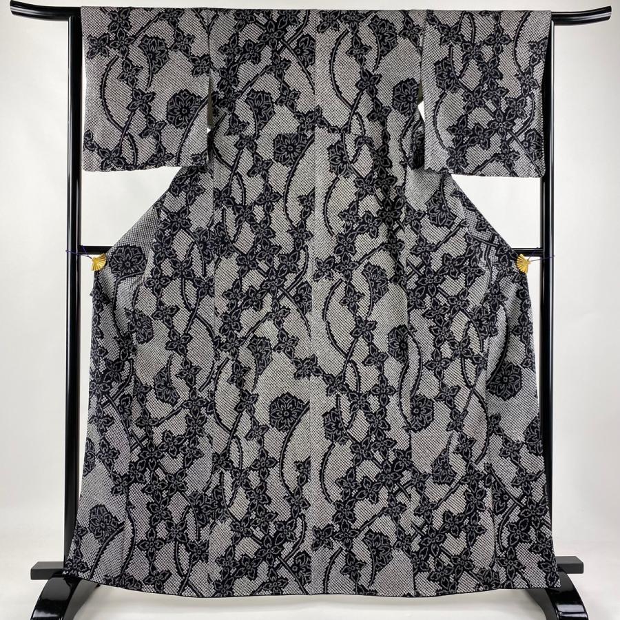 小紋 身丈165cm 裄丈64cm M 袷 草花 総絞り 黒 正絹 美品 名品 中古  