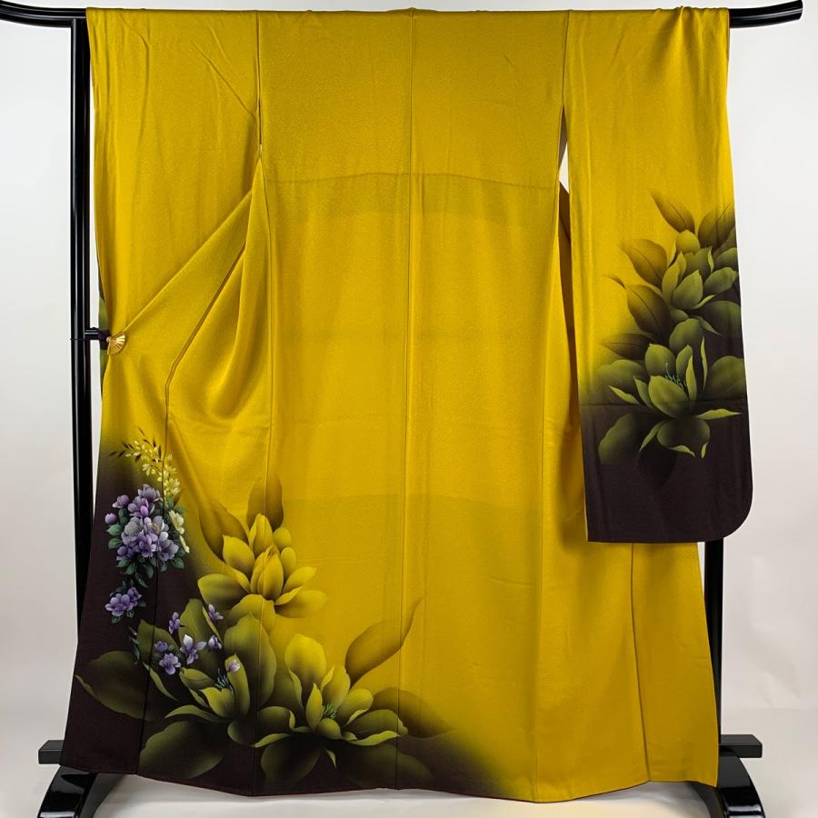 振袖 身丈164cm 裄丈67cm M 袷 草花 ぼかし 山吹色 正絹 美品 名品  