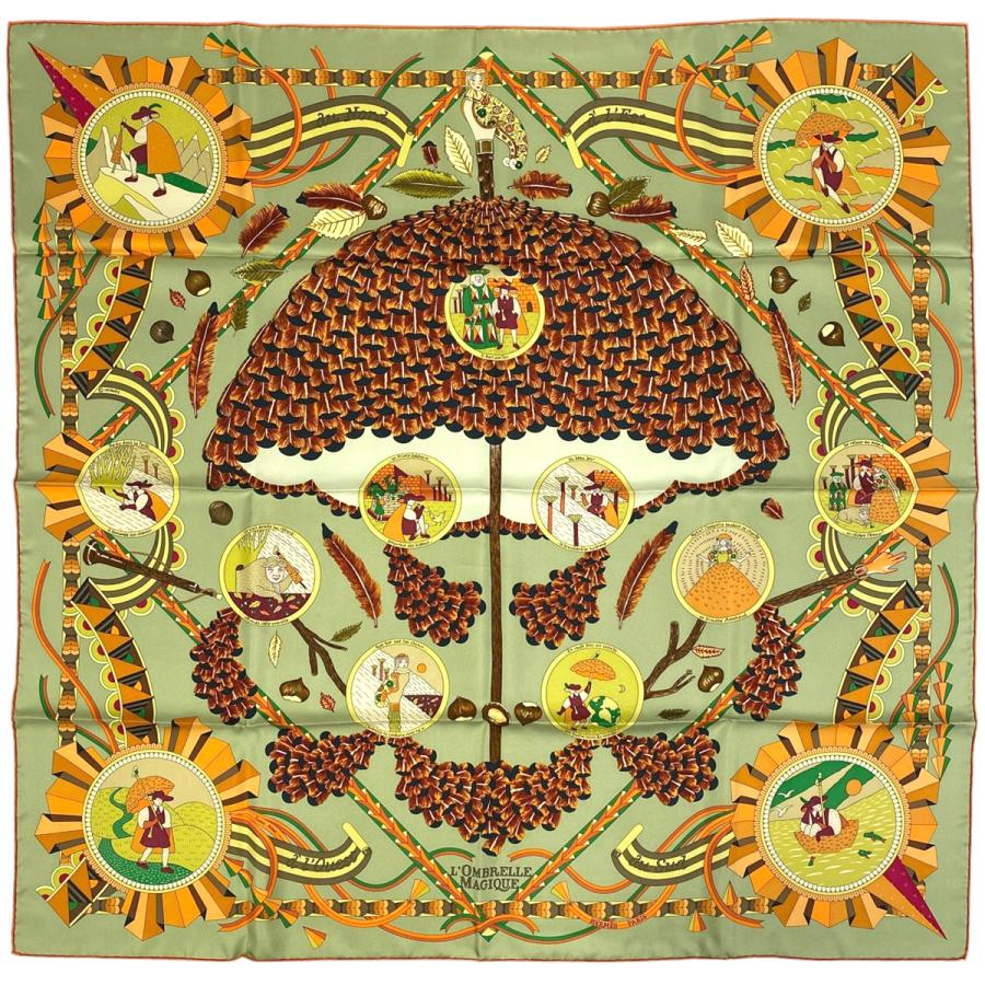 エルメススカーフ　カレ90 「L'OMBRELLE MAGIQUE」（魔法の傘） HERMES エルメス カレ 90 L'OMBRELLE MAGIQUE 魔法の杖傘 栗 スカーフ