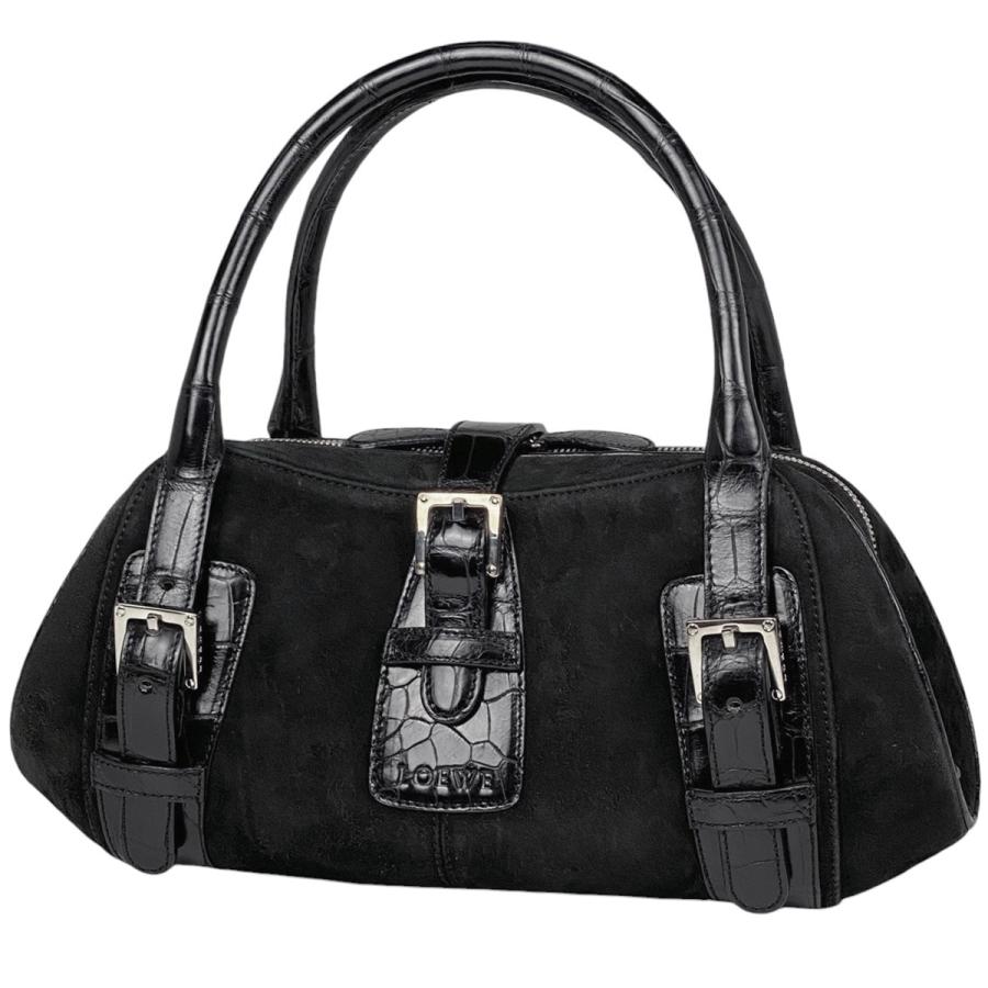 LOEWE ロエベ ロゴ ハンドバッグ 手提げ 型押し スエード ブラック  