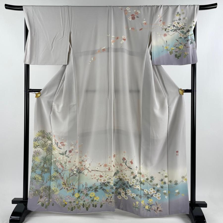 訪問着 身丈166cm 裄丈65.5cm M 袷 松本健一 落款あり 枝花 鳥 ぼかし  