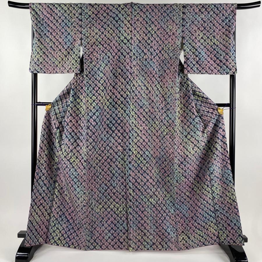 小紋 身丈166cm 裄丈68cm L 袷 紬地 絞り 薄紫 正絹 美品 逸品 中古  