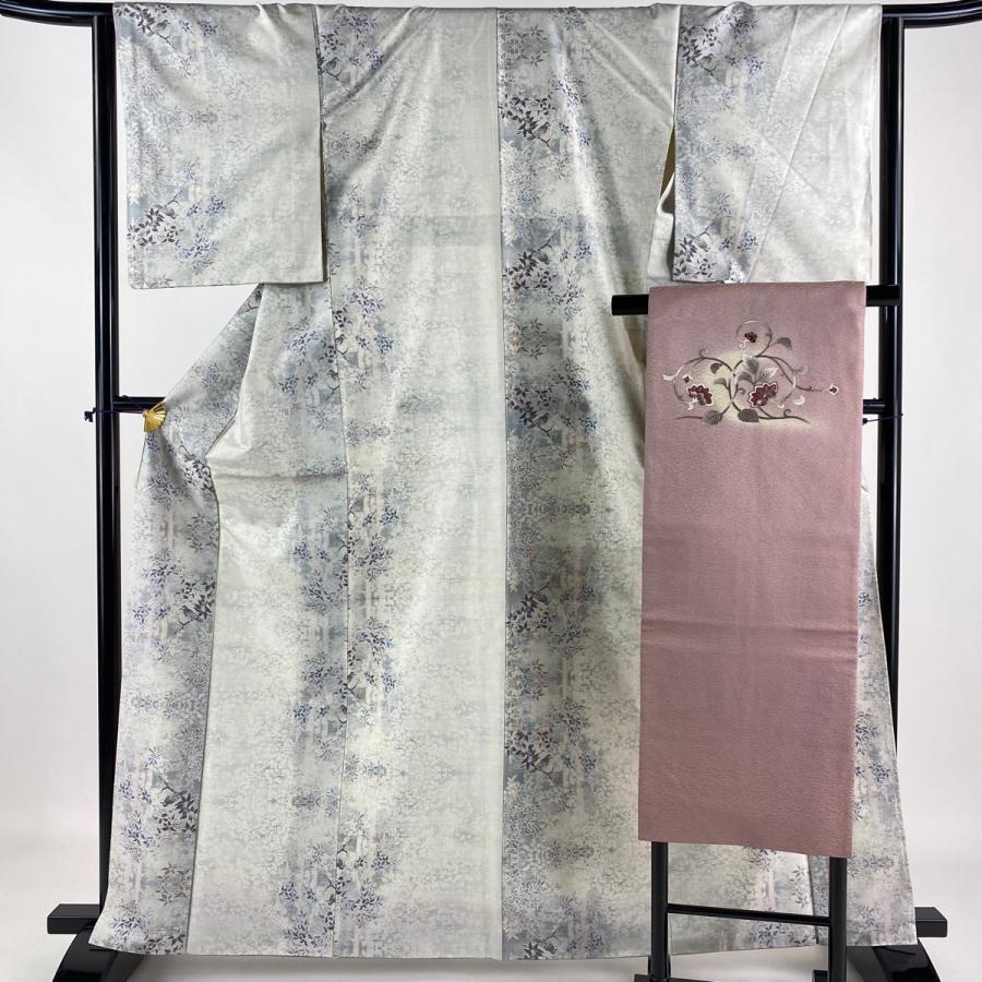 紬 身丈164cm 裄丈64.5cm M 袷 名古屋帯セット 枝花 鳥 白 正絹 美品 