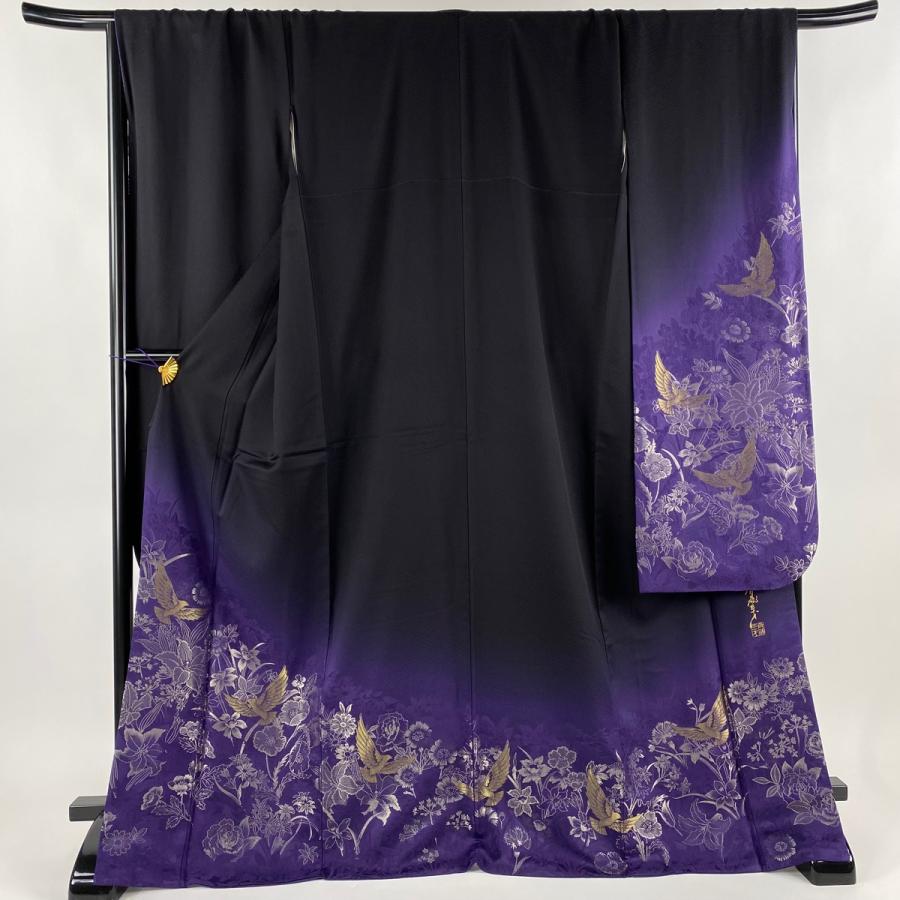 振袖 身丈170.5cm 裄丈69cm L 袷 斉藤三才 落款あり 草花 鳥 金銀糸  