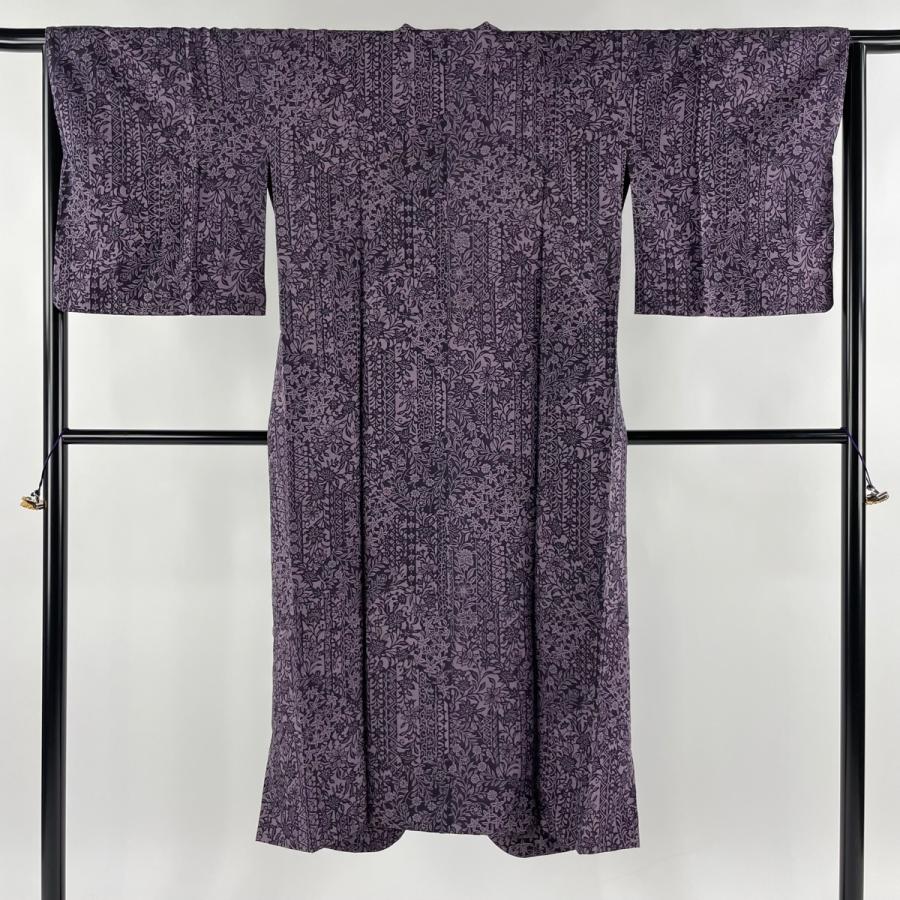 道中着 身丈131.5cm 裄丈65cm M 紬地 和装コート 草花 花唐草 紫 正絹  