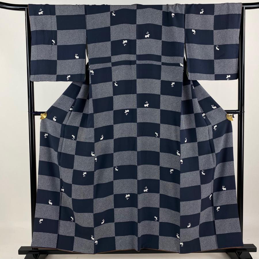 小紋 身丈178cm 裄丈65cm M 袷 うさぎ 市松 紺色 正絹 秀品 中古  