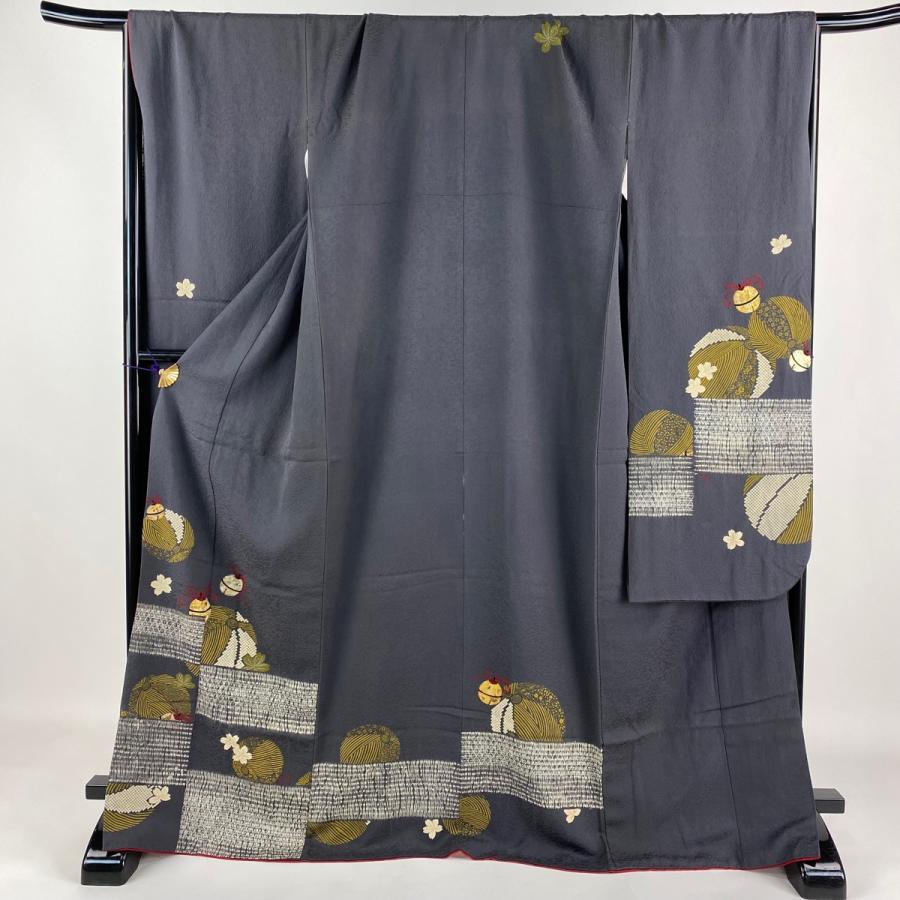 振袖 身丈170cm 裄丈70cm L 袷 鈴 紙風船 金銀彩 絞り 灰色 正絹 秀品  