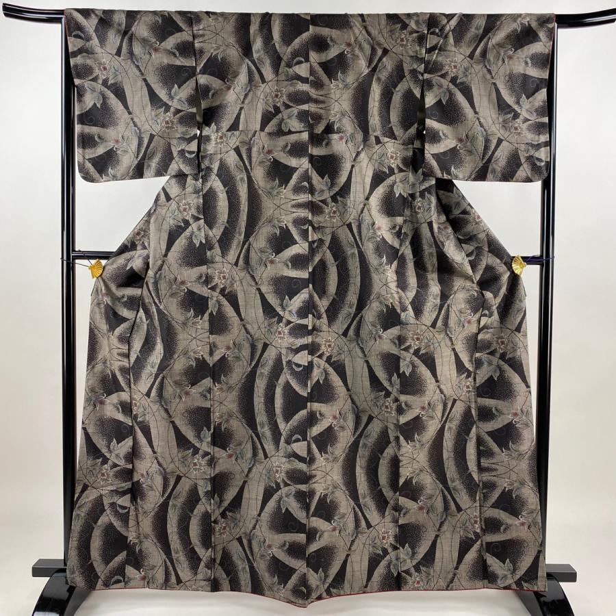 紬 身丈164.5cm 裄丈67cm M 袷 花唐草 焦茶色 正絹 美品 秀品 中古  