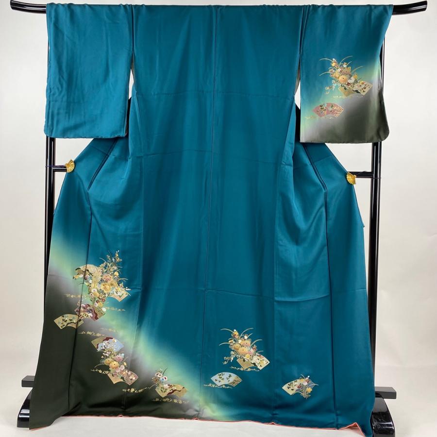 訪問着 身丈174cm 裄丈70cm L 袷 御所車 扇面 金銀彩 ぼかし 青緑 正絹  