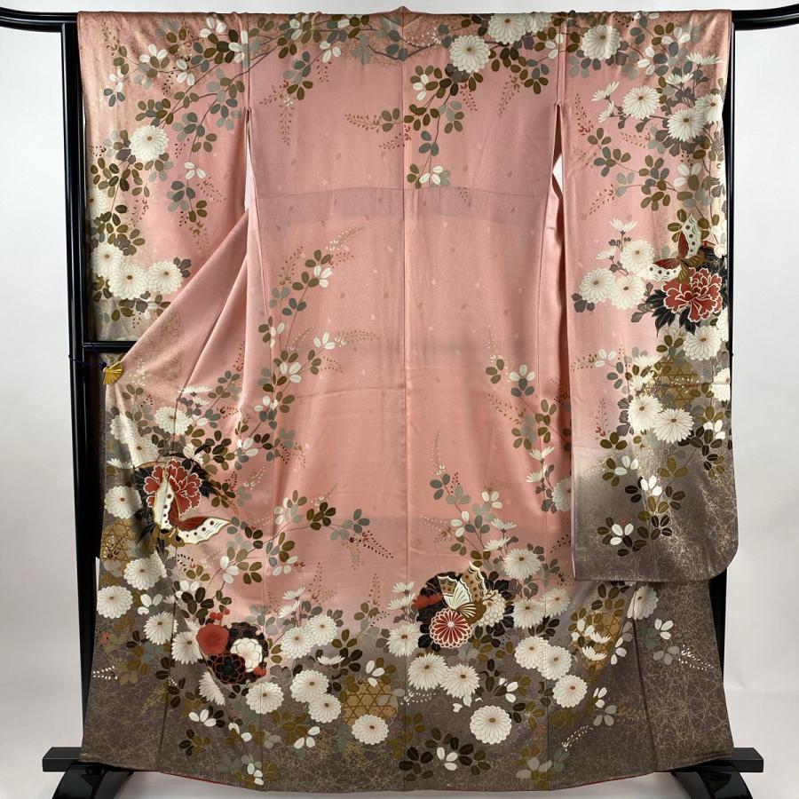 小紋 身丈157cm 裄丈66cm M 袷 草花 金彩 ピンク 正絹 美品 秀品 中古  