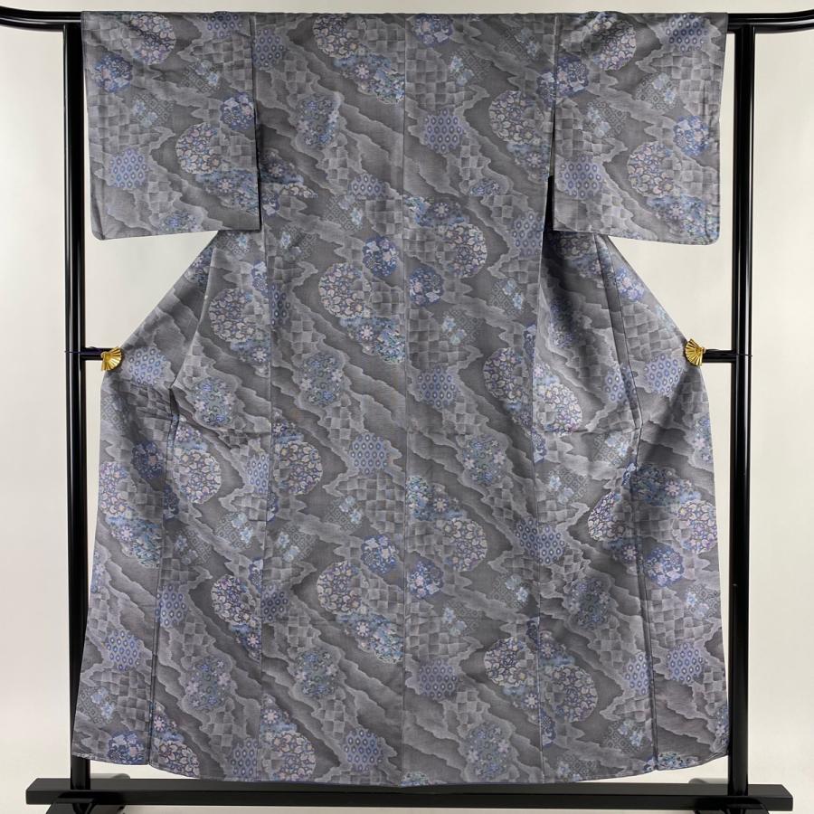 紬 身丈156.5cm 裄丈62.5cm S 袷 やまと 雪輪 花 灰紫 正絹 美品 秀品  