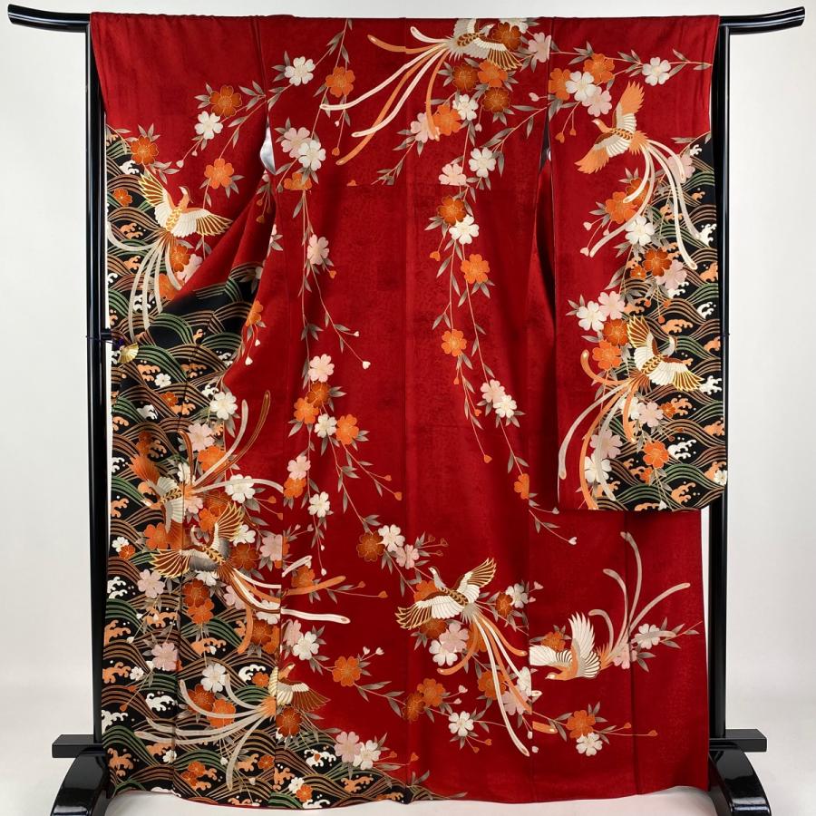 振袖 身丈168cm 裄丈65cm M 袷 尾長鳥 桜 金彩 赤 正絹 秀品 中古  