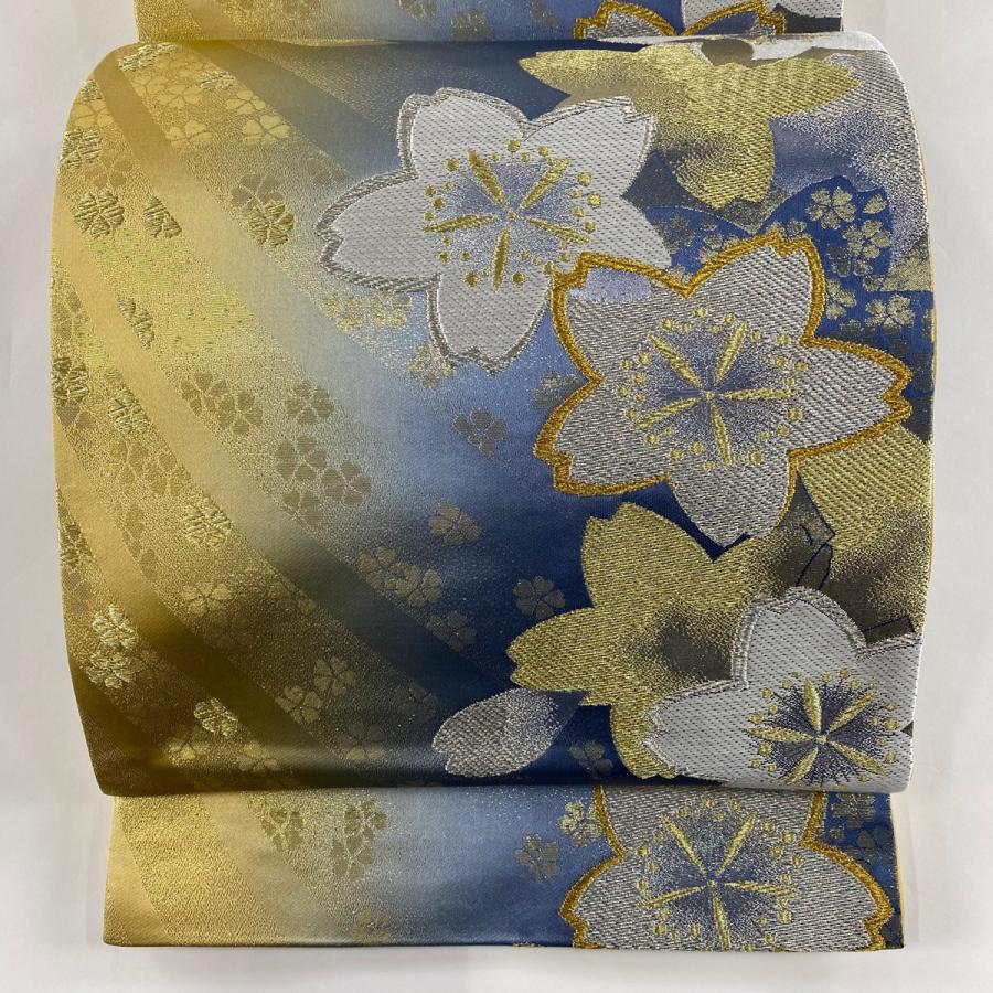 袋帯 美品 秀品 振袖向き 彩舞袖 桜 花びら 金銀糸 箔 青灰色 六 袋帯 美品 秀品 振袖向き 彩舞袖 桜 花びら 金銀糸 箔 青灰色 六